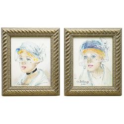 Gisèle Belleud (French 1921-2019): Portrait of an Art Deco Lady with a Veil and Beauty Spot, pair oils on canvas signed and one dated 2007, inscribed verso 26cm x 21cm (2)