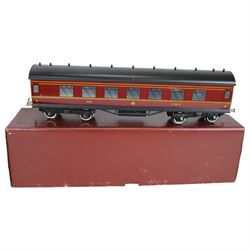 Three 0 gauge coaches, comprising an ACE Trains tin-printed All Third coach in LMS maroon livery, an ACE Trains tin-printed EMU MET 1st coach and a 'neverwazza' goods wagon, painted in Cadbury's Roses livery