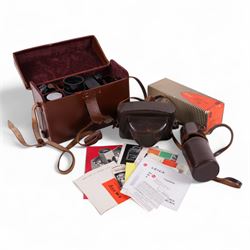 Leica DBP M3 35mm rangefinder camera body, serial no. 1038356, circa 1961, in chrome finish, housed in brown leather Leica case, with a Leitz Wetzlar Sunnilux 1:1.4/50 lens serial no. 1845148, Leitz Wetzlar Elmar 1:4/135 lens serial no. 1825980, 12575N hood, 12521G hood, Leica Meter MC serial no. 99015, Sunpak Auto28 SR Thyristor, Linhof 3 Way Pan tripod, and a Toshiba PE-1 Linear Exposure meter, all housed in an Original Benser Everready Case, most items with instruction booklets 