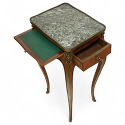 Early 20th century French kingwood and ormolu mounted lamp table, the shaped top inset with green marble above a single locking frieze drawer and pull-out slide, raised on slender cabriole legs with gilt sabots