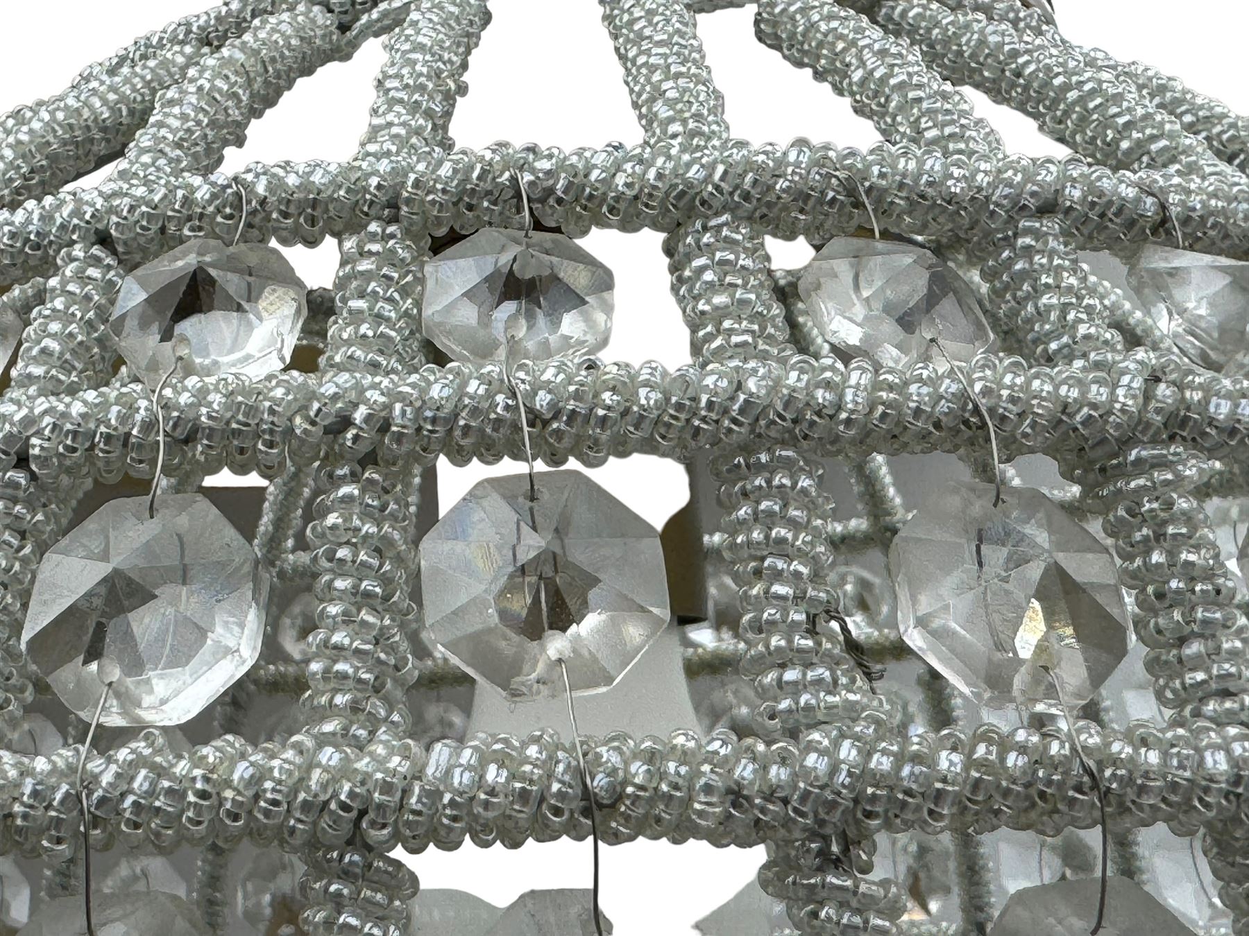 India Jane Interiors - pair of gilt metal and glass spherical ceiling light pendants, decorated with glass beads and pendants, foliage cast metal upper band, mounted by lower finial - ex-display/bankruptcy stock 