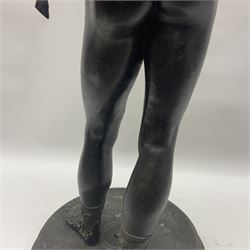 Bronzed classical nude male figure, upon a stepped circular base, H61cm 