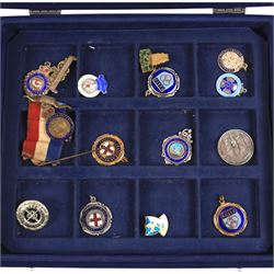 Collection of badges, medals, medallions, coin broches, two lead Great Seals, etc, in Westminster box