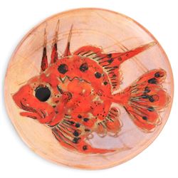 Monique Brunner - earthenware plates, decorated with fish and shellfish, upon a pink and cream ground, signed Vallauris beneath, six D20cm, one D24cm  