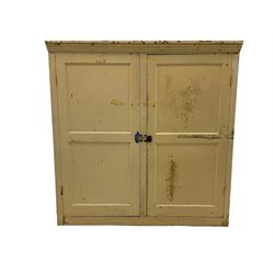 Large 19th century painted pine cupboard, projecting moulded cornice over two panelled doors, the interior fitted with shelves