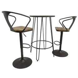 NEXT Home - rustic pine and wrought metal bistro table, circular top over dark grey metal base (W61cm H104cm); and pair of matching high stools, with swivel and adjustable height action (H113cm)