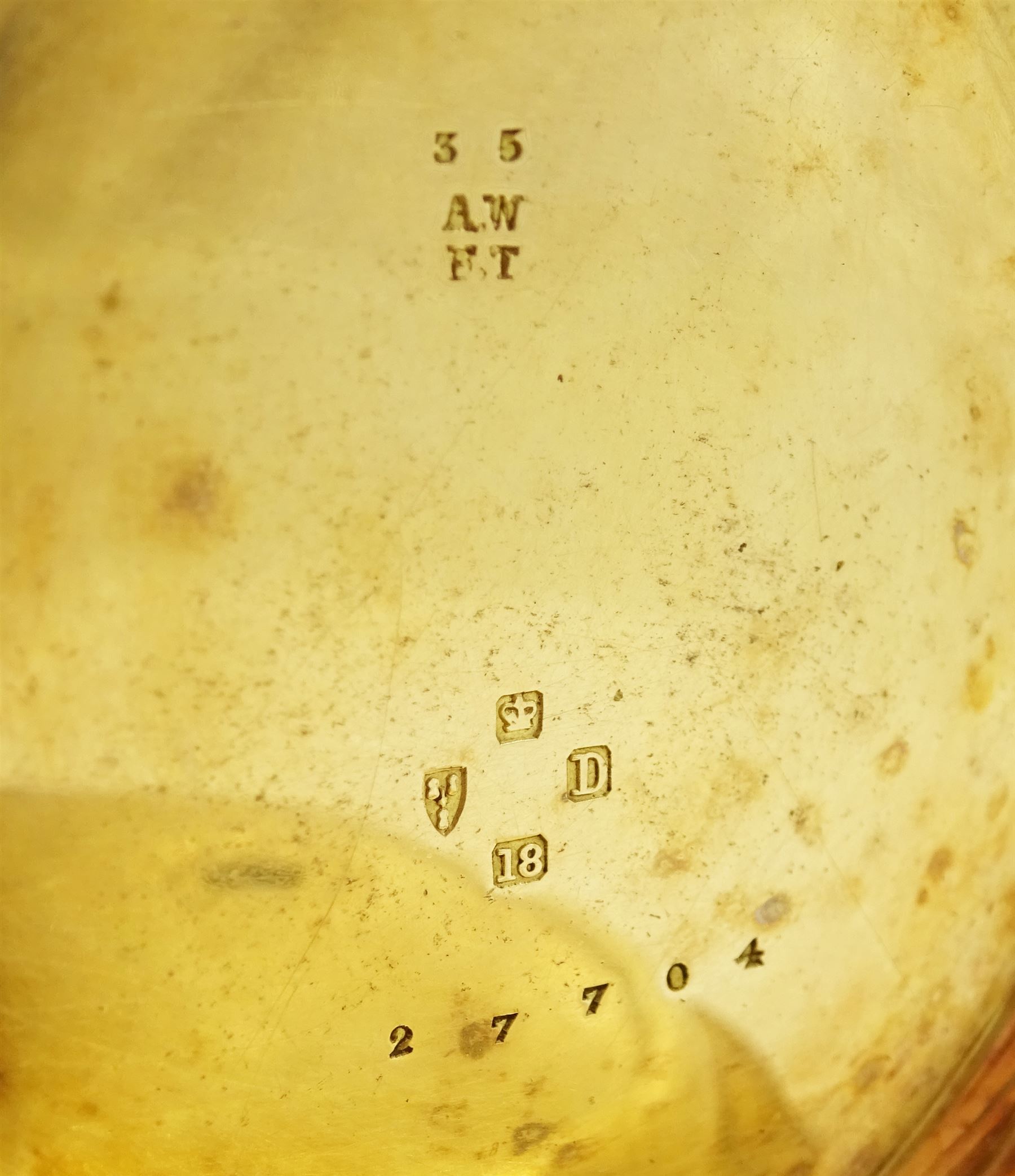 Victorian 18ct gold open face fusee lever pocket watch, No. 27704, gilt  dial with Roman numeral hour markers and subsidiary seconds dial, case by Wickes & Trahern, Chester 1887