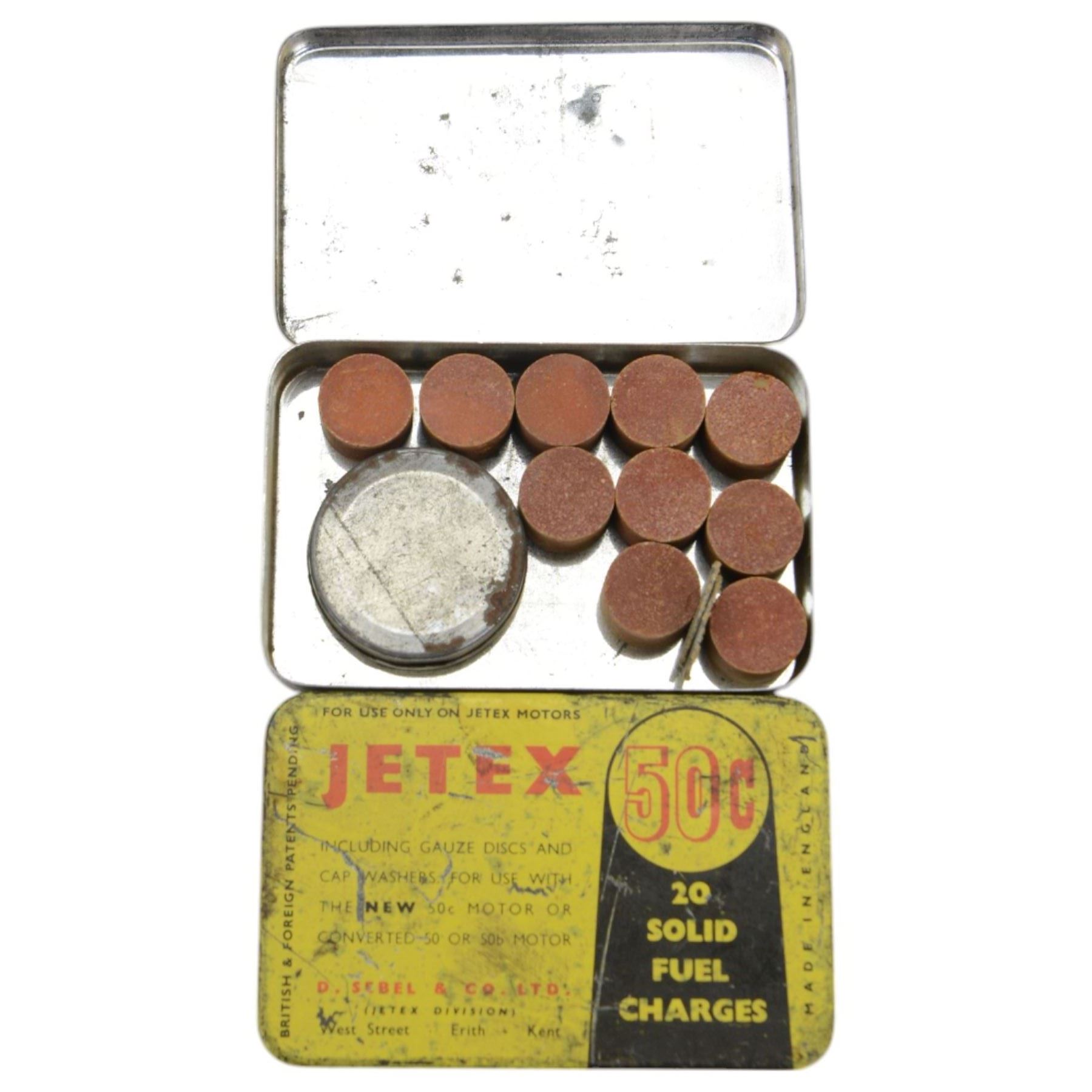 Jetex Jet Propelled Racing Car, with blue plastic body no. 12, in original box with instructions and two tins of solid fuel charges