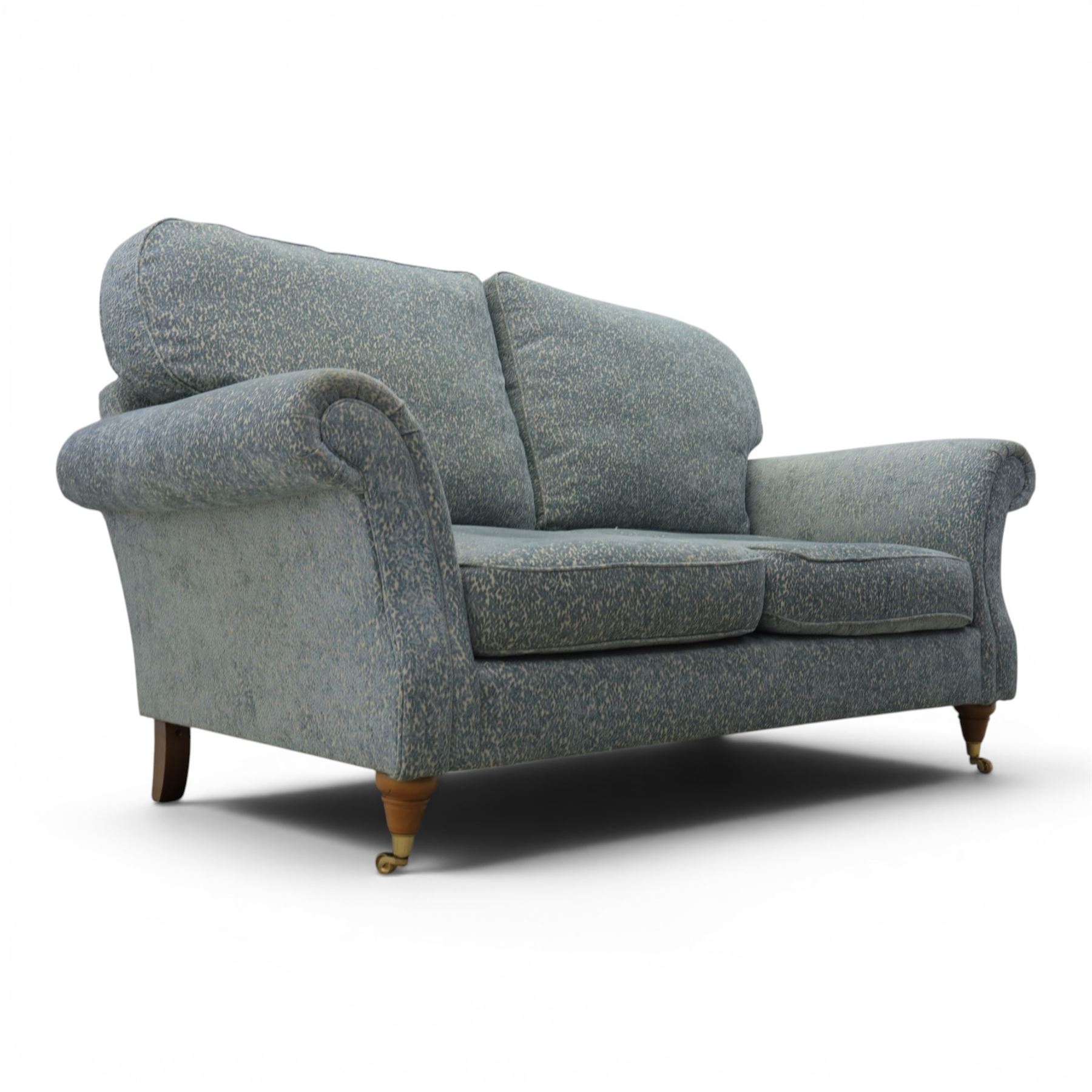 Marks & Spencer - 'Salisbury' two seater sofa, upholstered in blue fabric, scrolled arms and loose cushions