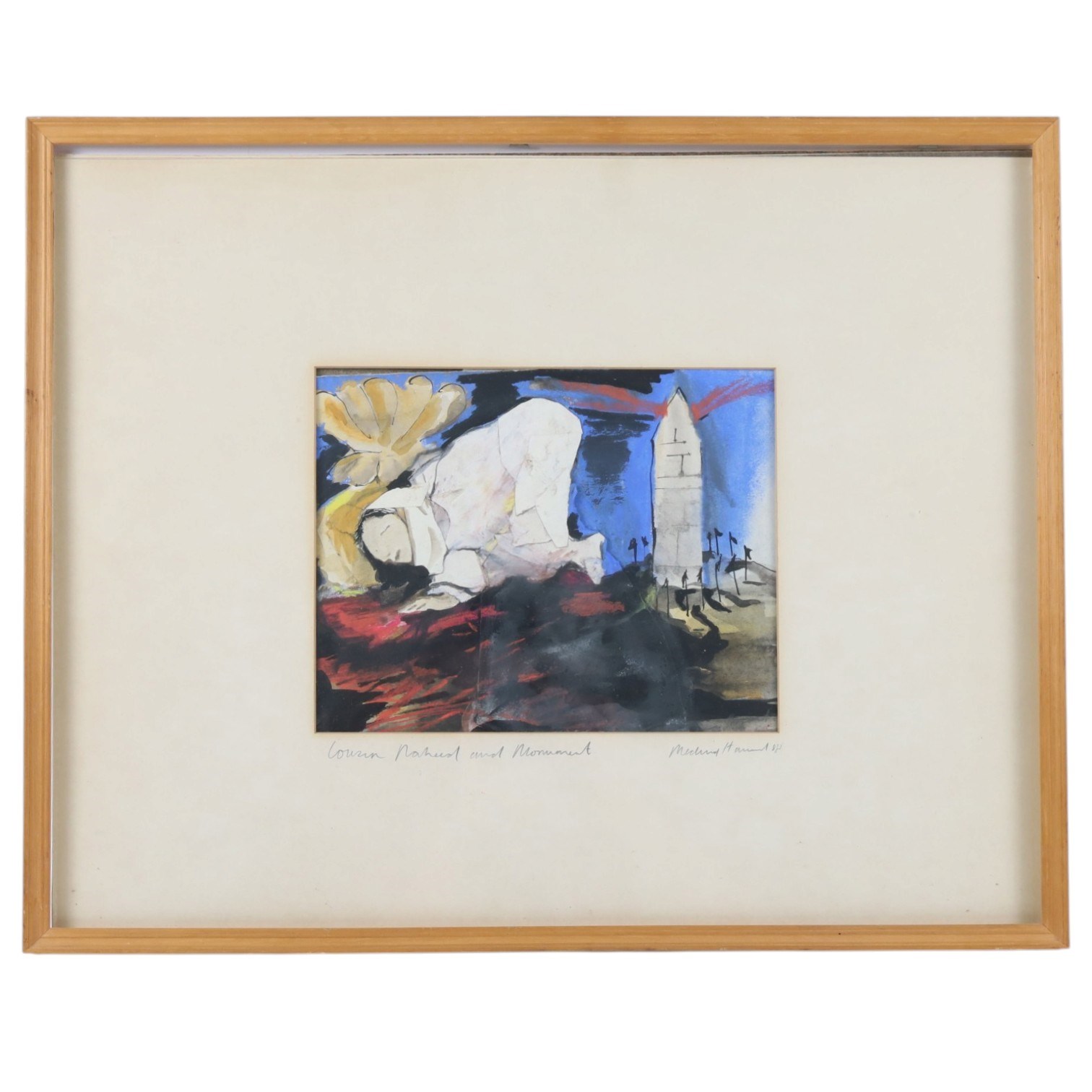 English School (20th century): 'Cousin Naheed and Monument', mixed media indistinctly signed and titled 18.5cm x 23cm