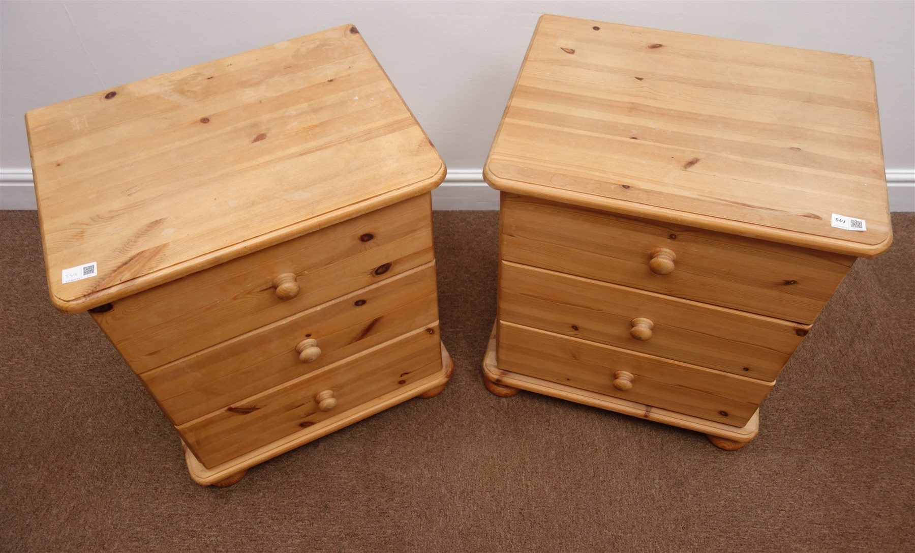 Pair solid pine bedside chests, three drawers, bun feet, W51cm, H62cm