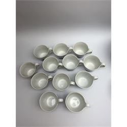 Royal Copenhagen tea and dinner service for twelve place settings, decorated in the Mega Blue Fluted pattern, pattern number 622, comprising dinner plates, salad plates, bowls with pierced rim, smaller bowls, tea cups, and saucers, dinner plates D27.5cm, salad plates D22cm