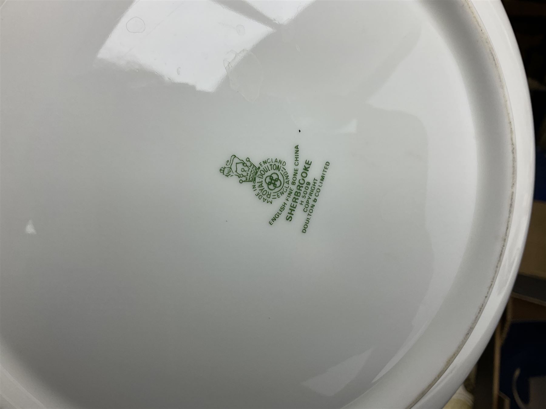 Royal Doulton Sherbrooke pattern part dinner and tea service, to include teapot, ten twin handled soup bowls and saucers, two serving platters, three twin handled covered dishes etc (63)  