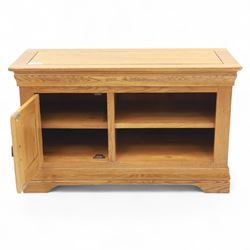 Oak Furnitureland - television and media cabinet, rectangular top with framed edge, fitted with single cupboard and open shelved section, on a stepped and shaped plinth