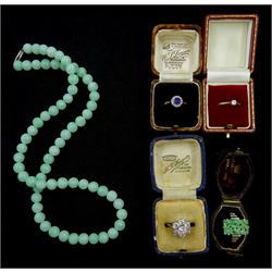 18ct gold single stone diamond ring, diamond 0.15 carat, gold blue and clear paste stone cluster ring and jade ring, both 9ct, bead necklace and a paste stone set cluster ring