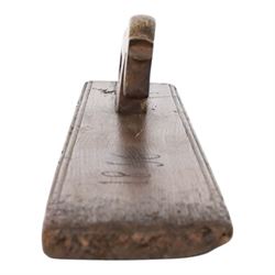 Mid 19th century Norwegian carved mangle board, dated 1856, of rectangular form with stepped edges, and carved dala horse handle, L63cm