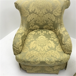 Pair fan back armchairs upholstered in classic gold fabric with floral pattern, W83cm