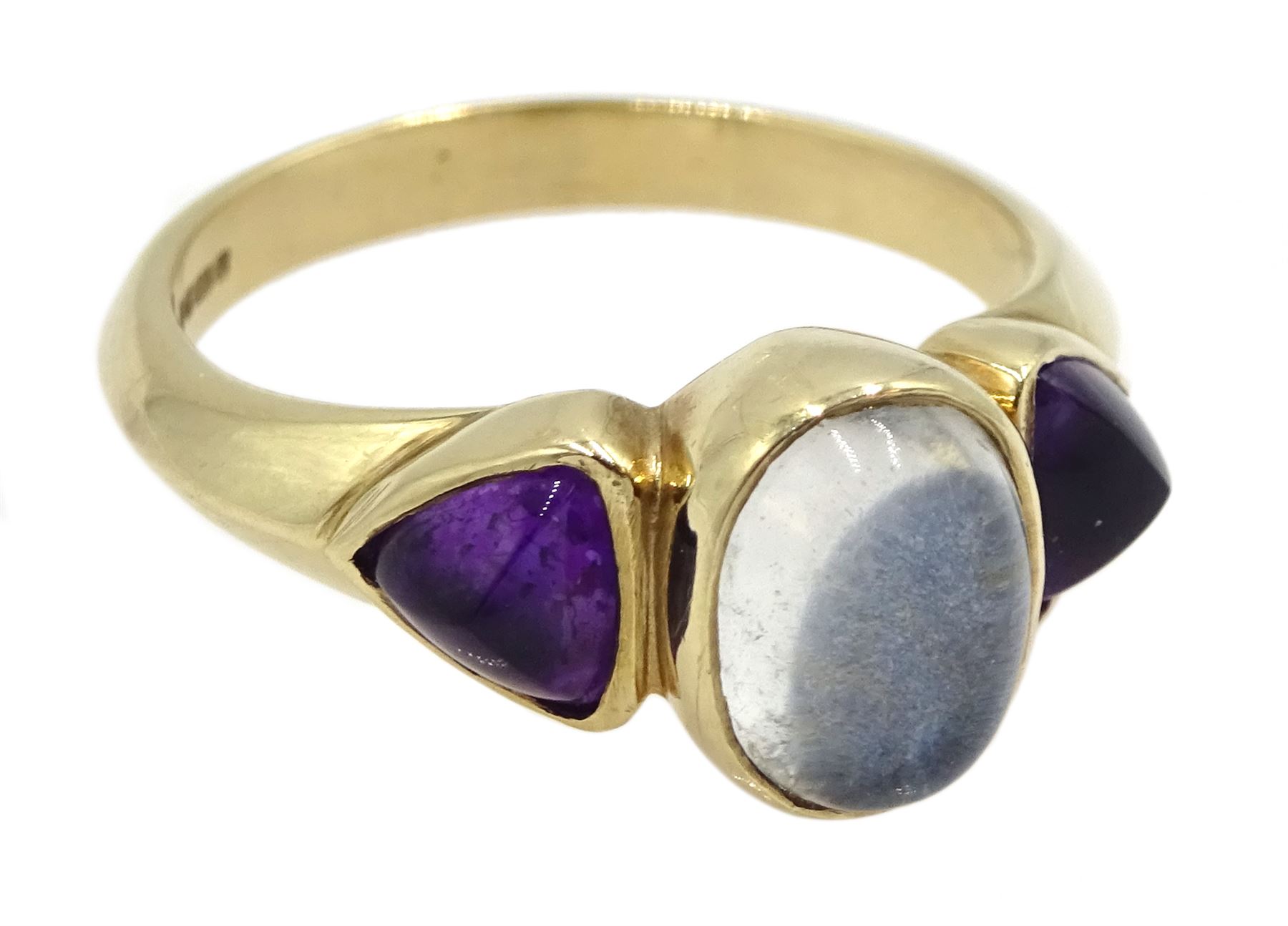 9ct gold oval moonstone and trillion cut amethyst three stone ring, hallmarked