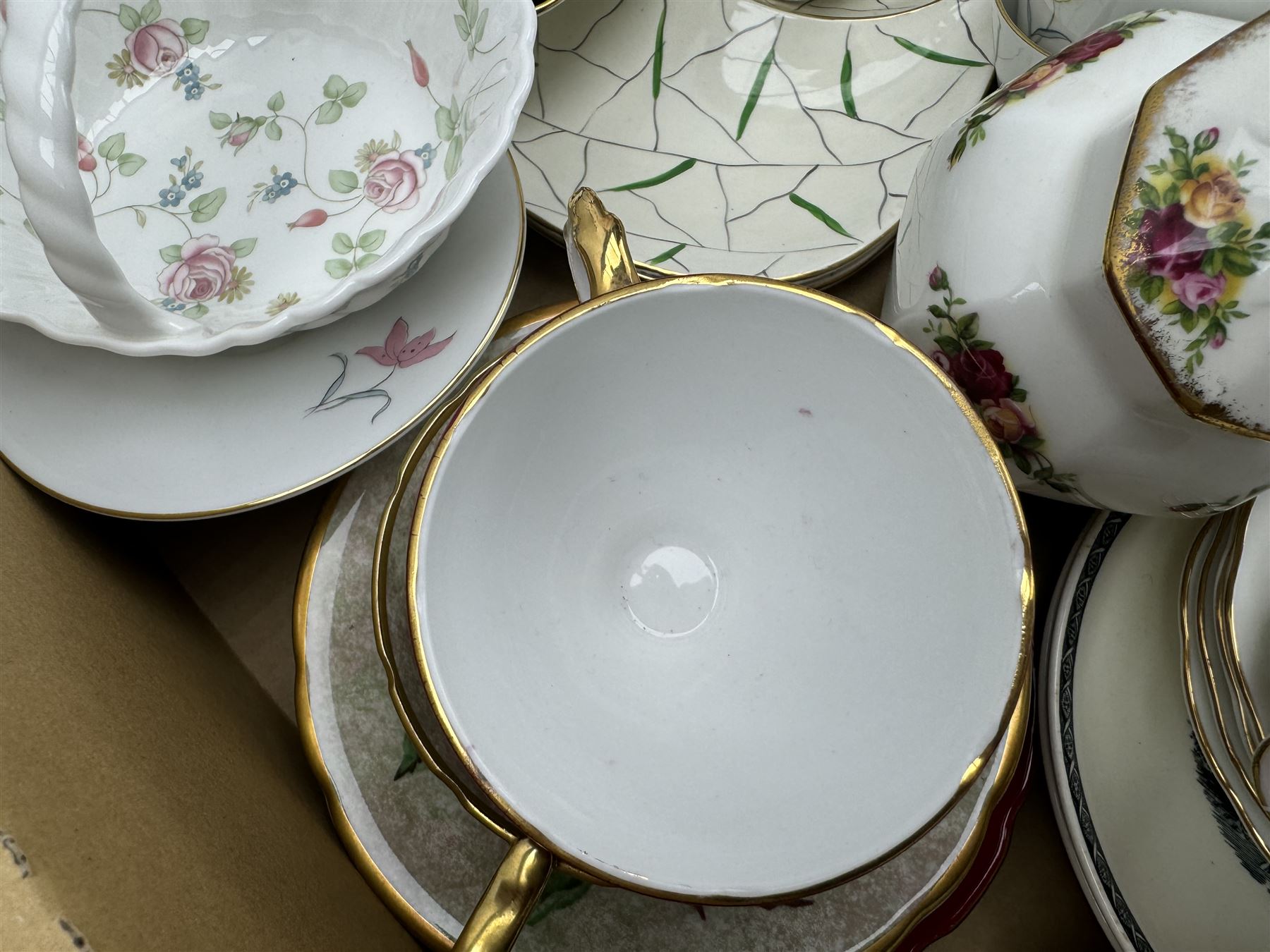 Aynsley harlequin cups and saucers, Royal Albert Old Country Roses vase and cover, Noritake coffee wares, Wedgwood Everest Goblet and various ceramics in two boxes