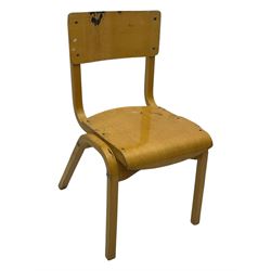 Mid-20th century beechwood school desk, rectangular lift-top desk with storage compartment, supported by square legs with cross stretchers; two matching beech chairs (3)