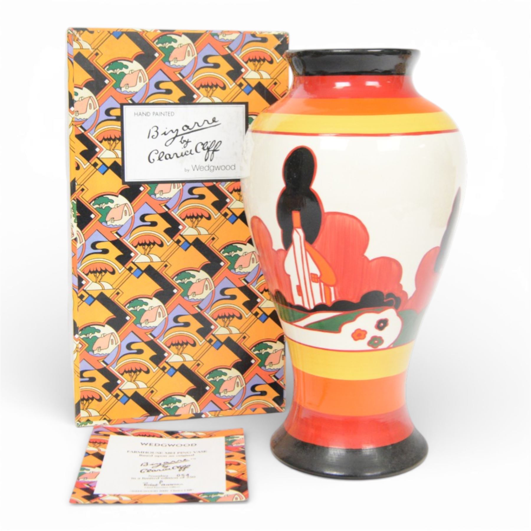 Wedgwood Bizarre by Clarice Cliff, Mei Ping vase, Farmhouse, hand painted based upon an original, limited edition 54/250, with certificate and box, H31cm 