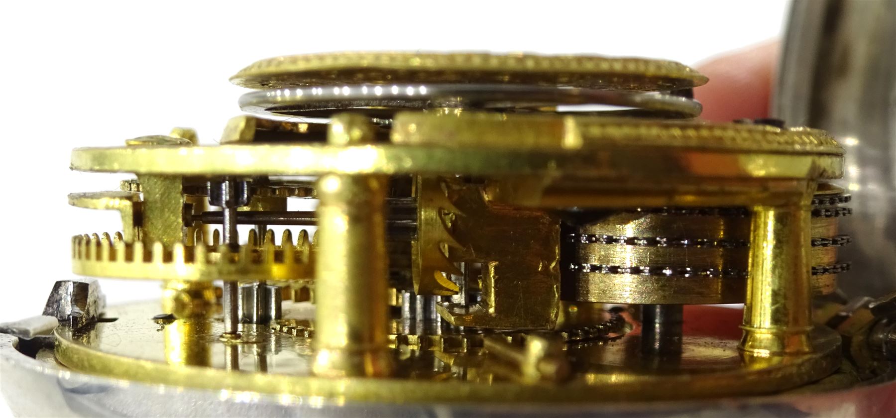 George III silver pair cased verge fusee pocket watch by Richard Tompion, Liverpool, No. 3801, round baluster pillars, pierced and engraved balance cock decorated with a heart, white enamel dial with Arabic numerals and outer quarter markers, beetle and poker hands, bull's eye glass, case by Henry Harding, Birmingham 1792