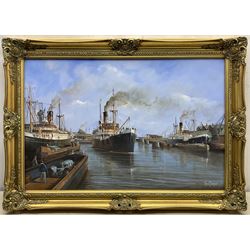 Adrian Thompson (British 1960-): 'Melrose Abbey' and other Steam Vessels at Hull Docks, oil on canvas signed 50cm x 75cm