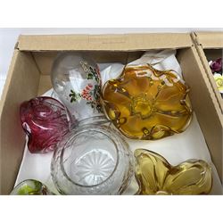 Royal Doulton Greenbrier pattern tea wares, together with a collection of porcelain flowers, Murano style coloured glass bowls, other ceramics and glassware, in four boxes 