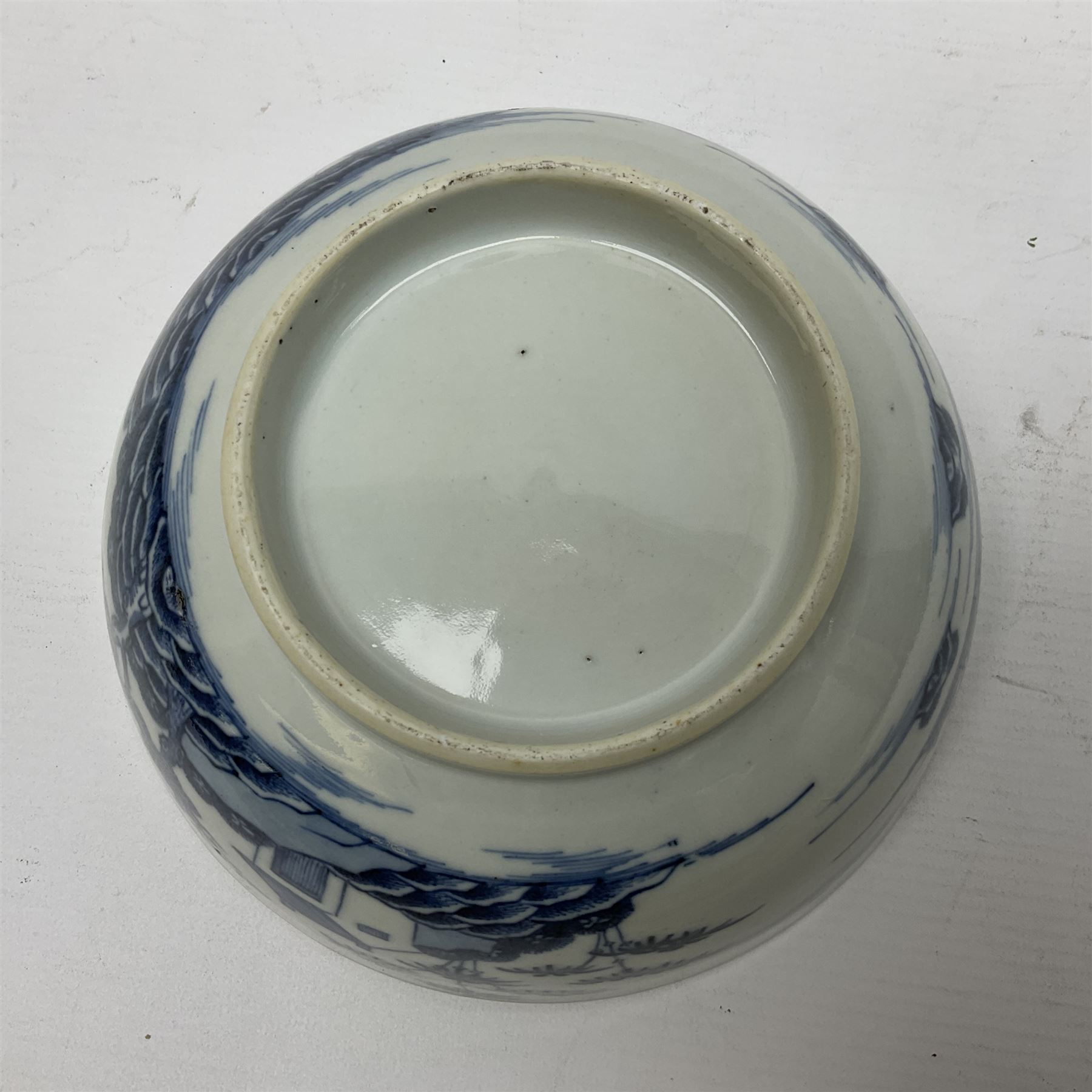 Late 18th century Chinese Export blue and white bowl painted landscape and pagoda scene, D19cm