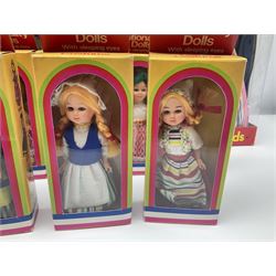 Four Mayfair Products Musical Dolls of Many Lands; original boxes and delivery boxes; and set of twelve Nationality Dolls with Sleeping Eyes; boxed (16)