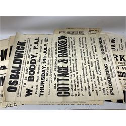 Seven late 19th/early 20th century auction posters of Hull/Yorkshire interest for properties in Hithe (Hive) 1852, South Cave 1880, Ellerker 1904, Hive 1921, Osbaldwick 1921, Balfour Street Hull 1922 and Sancton 1922; another for Cumberland 1824; two early 'This House To Let' posters; posters unframed and folded; and auction particulars for Gator Court, Ashburton, South Devon 