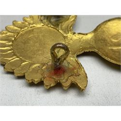 WW1 25th Battalion (Frontiersmen) City of London Royal Fusiliers Cap Badge; gilt brass fused grenade with 25 to the centre; circular section to the flames with red enamel cross and enamel union flag with GOD GUARD THEE to the centre; lower scroll with FRONTIERSMEN; two lug fittings verso.