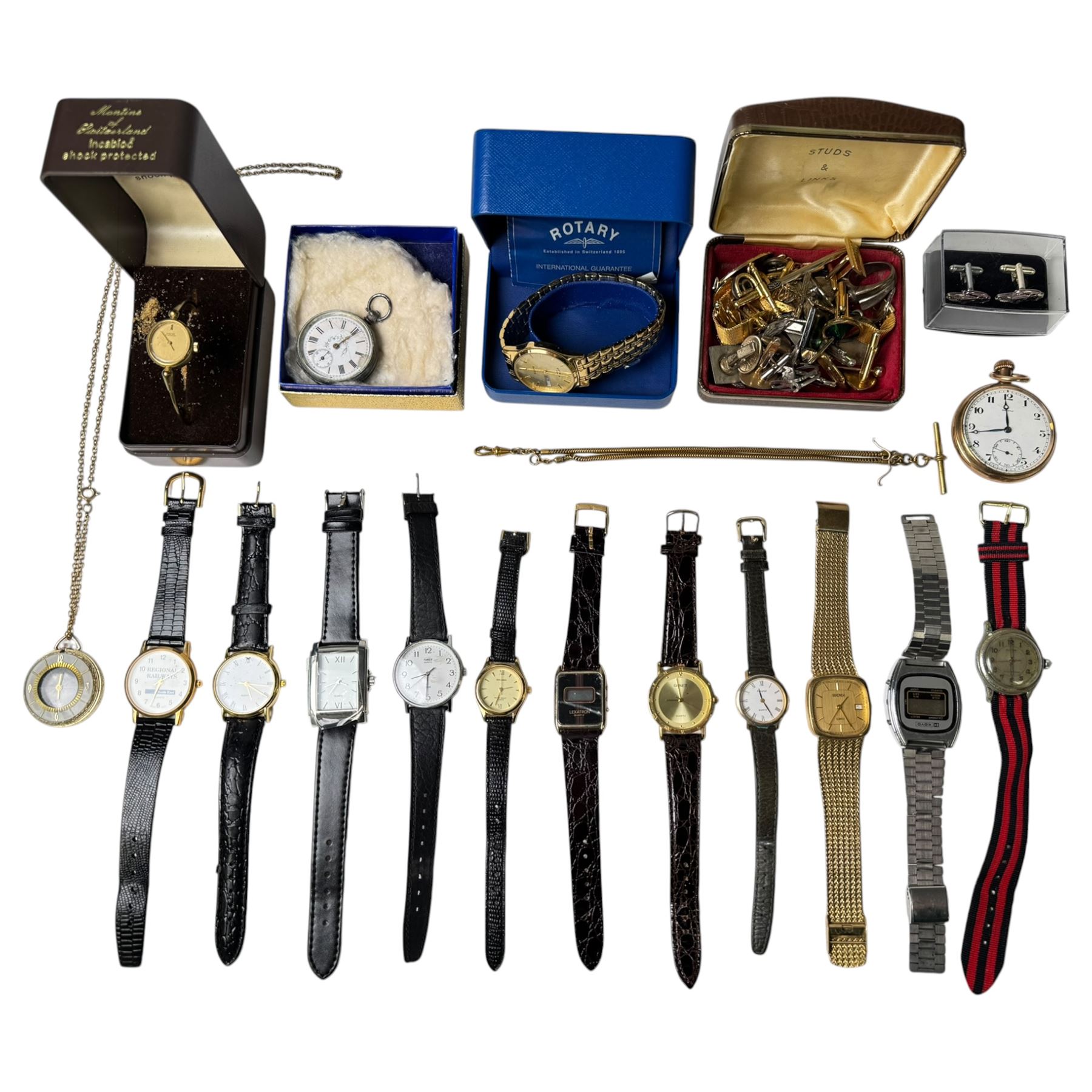 Collection of watches and cufflinks including continental silver pocket watch, gold plated pocket watch, boxed Rotary wristwatch, etc