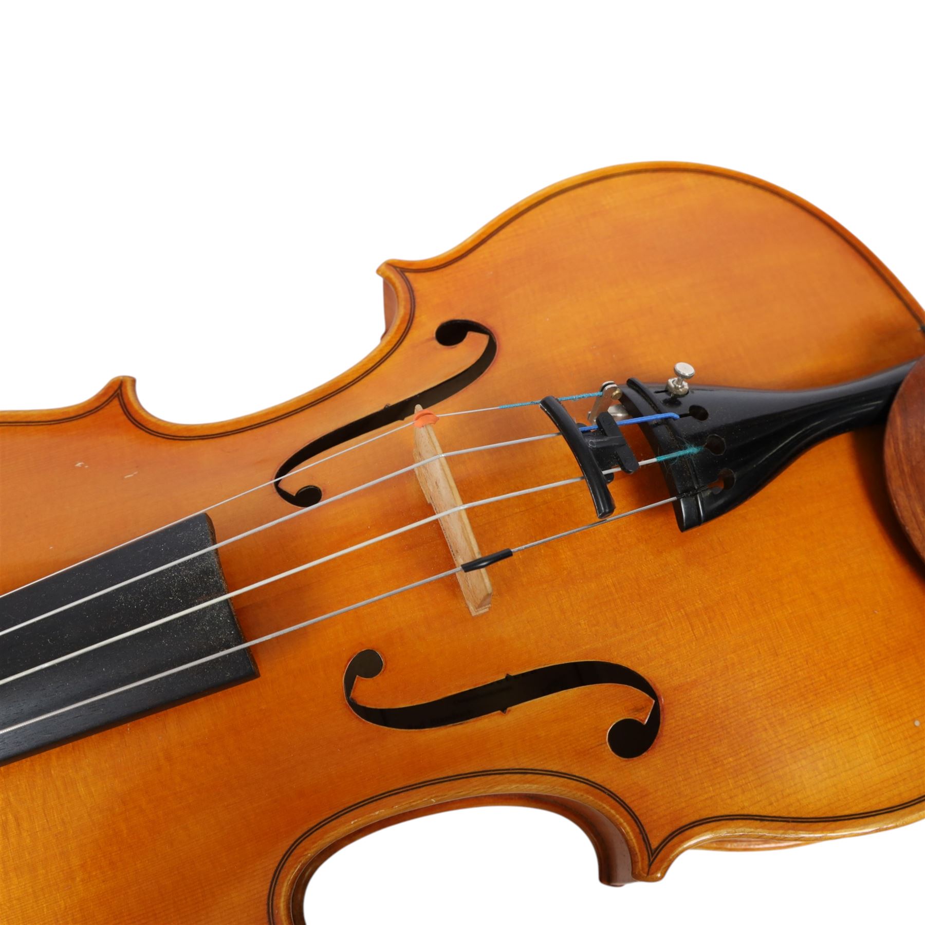 Late 20th century German full size viola, labelled to interior 'Walter Muller Bad Brambach 1976 made in GDR' with two-piece back, ebonised finger board, tuning pegs and tail piece, with a carved scroll and two bows, in hard fitted case, back length 16 inches