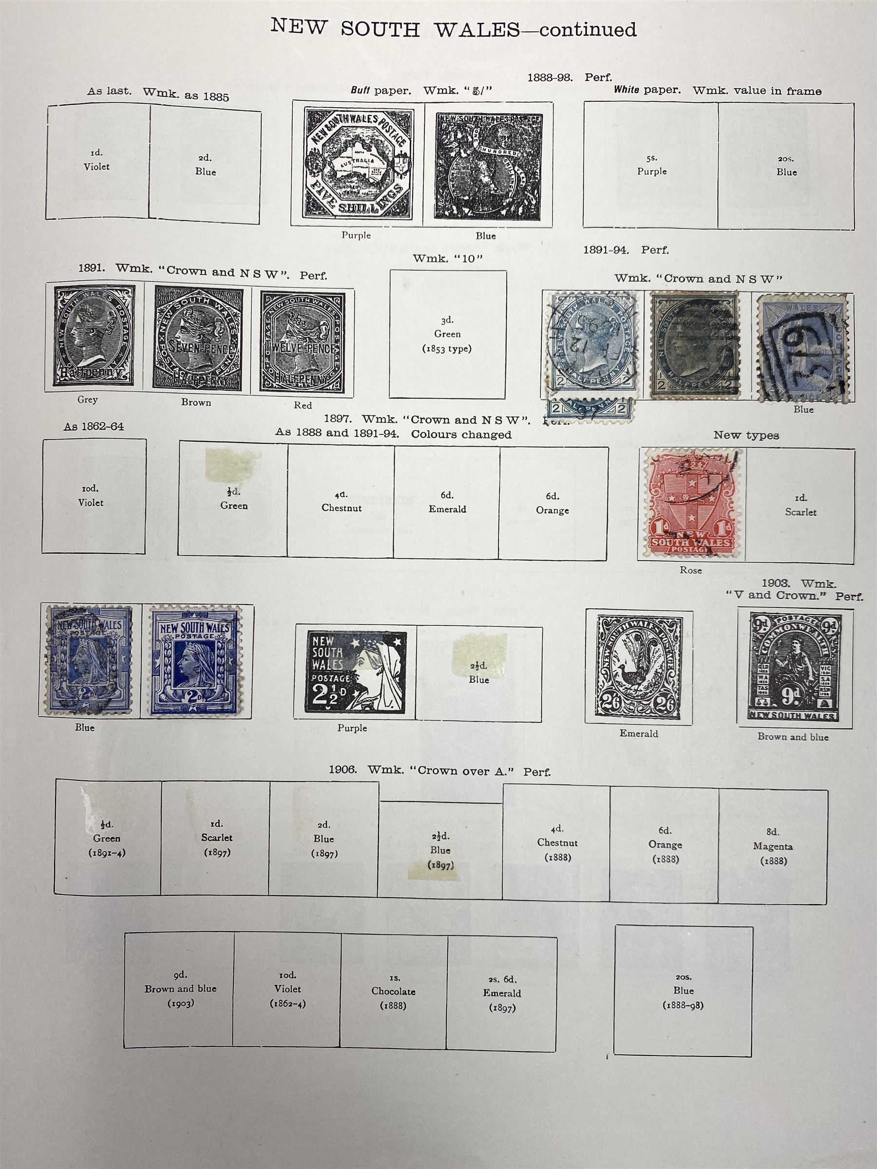 Australia New South Wales stamps, including 1850-4 various imperf issues, 1854-6 including five pence, six pence, one shilling etc, 1856-60 registered letter stamps, 1861-88 five shillings etc, housed on pages