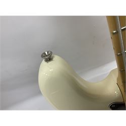 Fender Precision Bass guitar, in Olympic White finish with tortoiseshell effect scratchboard, serial no US15103092, in black Fender hard case with Fender strap and warranty card, guitar L116cm