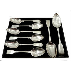  William IV silver serving spoon fiddle pattern by Robert Rutland, London 1820, another by David Phillips, London 1837 and six similar Victorian dessert spoons hallmarked, approx 12.5oz   