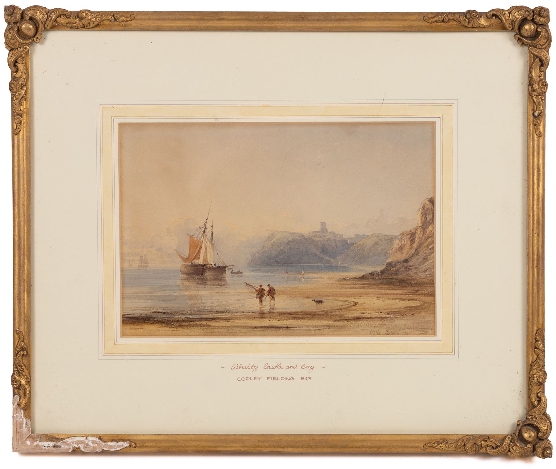 Anthony Vandyke Copley Fielding (British 1787-1855): Scarborough North Bay before the Marine Drive, watercolour signed and dated 1843, erroneously titled 'Whitby Castle and Bay' on the mount 18cm x 26cm 