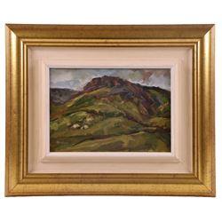 Sheila Dewsbury (British 1944-): 'Hillside - Saddleworth (Below Indian's Head - Greenfield)', oil on board signed, titled and inscribed verso 17cm x 25cm 
Provenance: Private collection, purchased Capes Dunn 15th October 2013 Lot 44