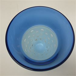 Stuart Akroyd Glass Vase, blue banded top and clear lower section with bubble inclusions, engraved signature and sticker beneath, H15cm