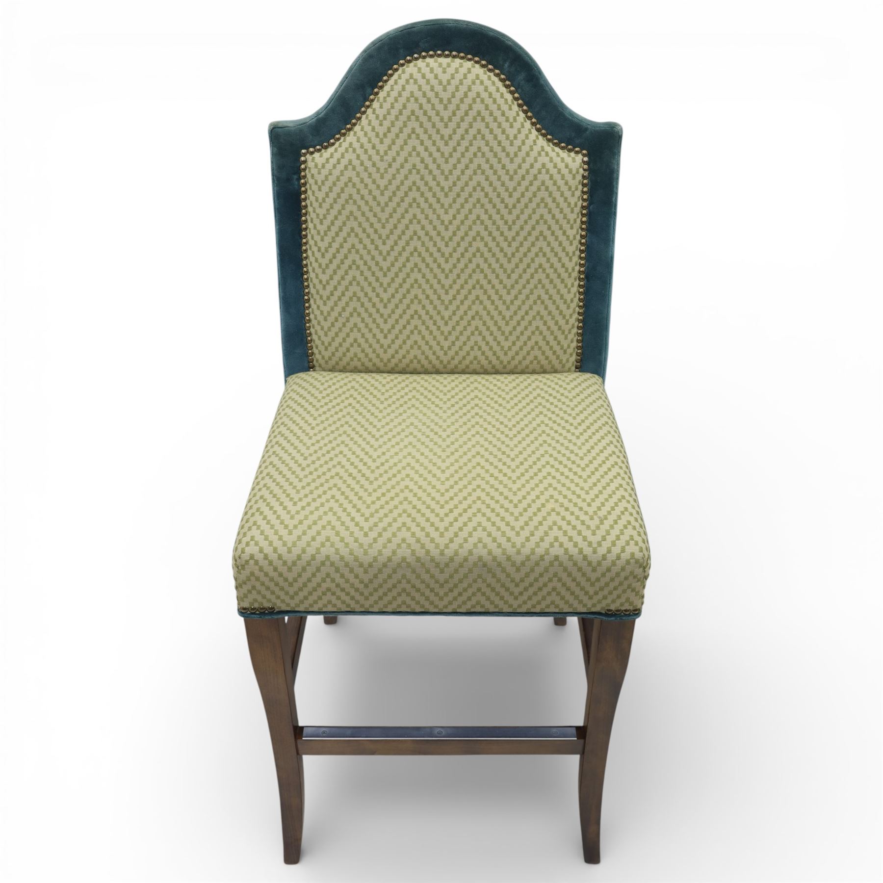 Pair of padded back high seat bar stools, upholstered in cream chevron fabric with green velvet trim 