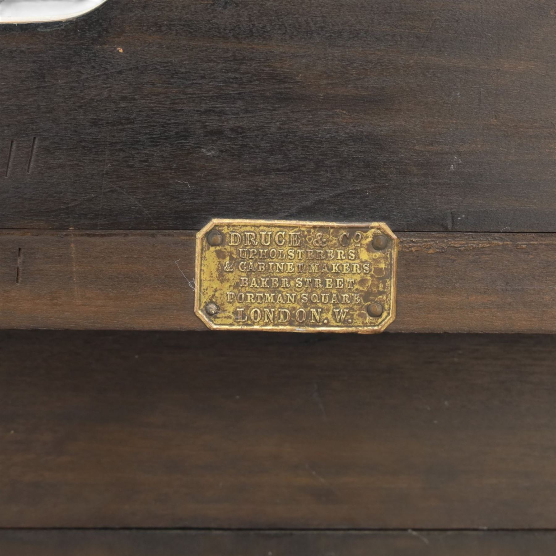 Druce & Co - Edwardian inlaid cabinet, galleried topwith inlay and brass galleried top, inlaid frieze above twin bevel glazed doors revealing a shelved interior, the lower section with fall front cupboard