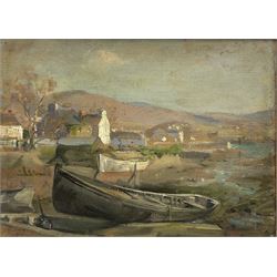 Attrib. Thomas Hastead Heath (British exh.1901-1915): Beached Fishing Boats in an Inlet, oil on canvas board signed 22cm x30cm