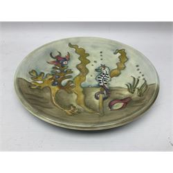 Moorcroft charger decorated in Seahorse pattern, circa 1960, with painted and impressed marks beneath, D26cm
