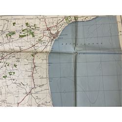 Three WW2 edition RAF quarter inch to one mile linen backed Ordnance Survey maps of England titled Midlands (N), Eastern Counties (S) and one with text removed showing NE England largest 62 x 81cm; and German O.S. map of East Yorkshire dated 1941 with manuscript Junkers 88 A-5 crew members details verso.