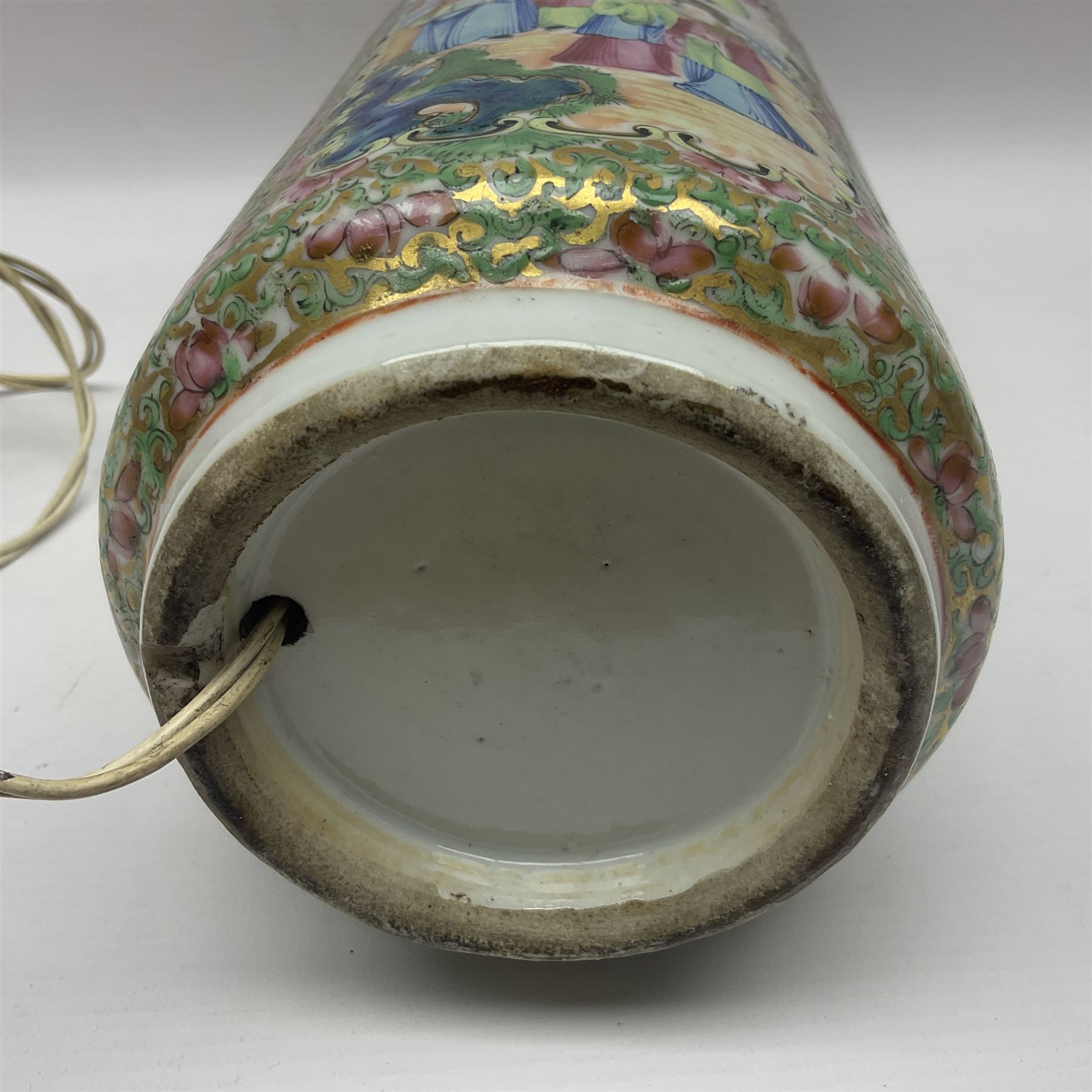 19th century Chinese Canton famille rose vase, converted to a table lamp, of shouldered cylindrical form, with twin gilt lion mask ring handles, the body decorated with four alternating panels of figural scenes and birds and insects, H31cm excluding fitting