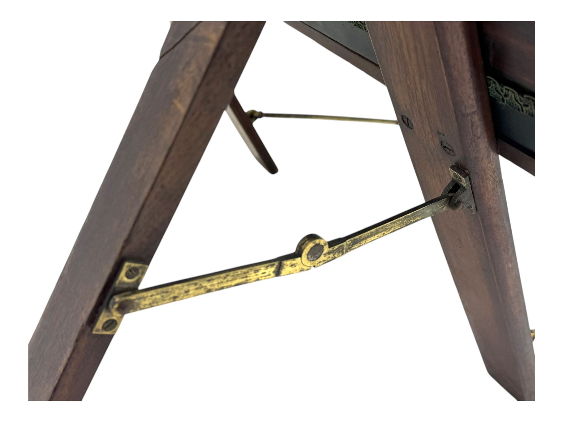 Late 20th century mahogany folding folio stand, the angled top and fold-out shelf decorated with a William Morris-style pomegranate and foliage pattern, supported by a folding A-frame structure