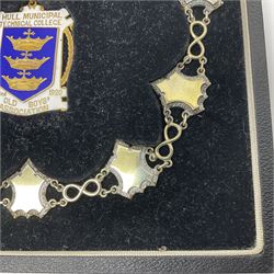 1920s 9ct gold enamel pendant inscribed 'Hull Municipal Technical College Old Boys Association', with presentation engraving verso, hallmarked W H Haseler Ltd, Birmingham 1929, suspended from a silver chain of office, with sixteen engraved shield links, hallmarked W H Haseler Ltd, Birmingham 1933, contained within fitted case 