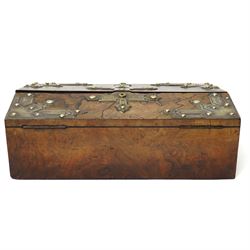 Victorian figured walnut writing slope, with brass mounted gothic decoration to cover opening to reveal purple slope, and compartmentalised interior, with key, W35cm