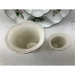 Wedgwood Countryware dinner wares, to include cruets, sauce boat and stand, two jugs etc, together with Wedgwood jasperware boxed HOW Group 40th Birthday 16.5cm plate, Royal Worcester 'Herbs' large sectioned dish and two Hornsea Windrush vases, Sorrento marquetry twin handled tray with musical motif to centre, L40cm, W Widdop brass carriage clock with quartz movement, pellet drum, Whitall Tatum Company No.1 glass insulator, silver plate and other misc etc